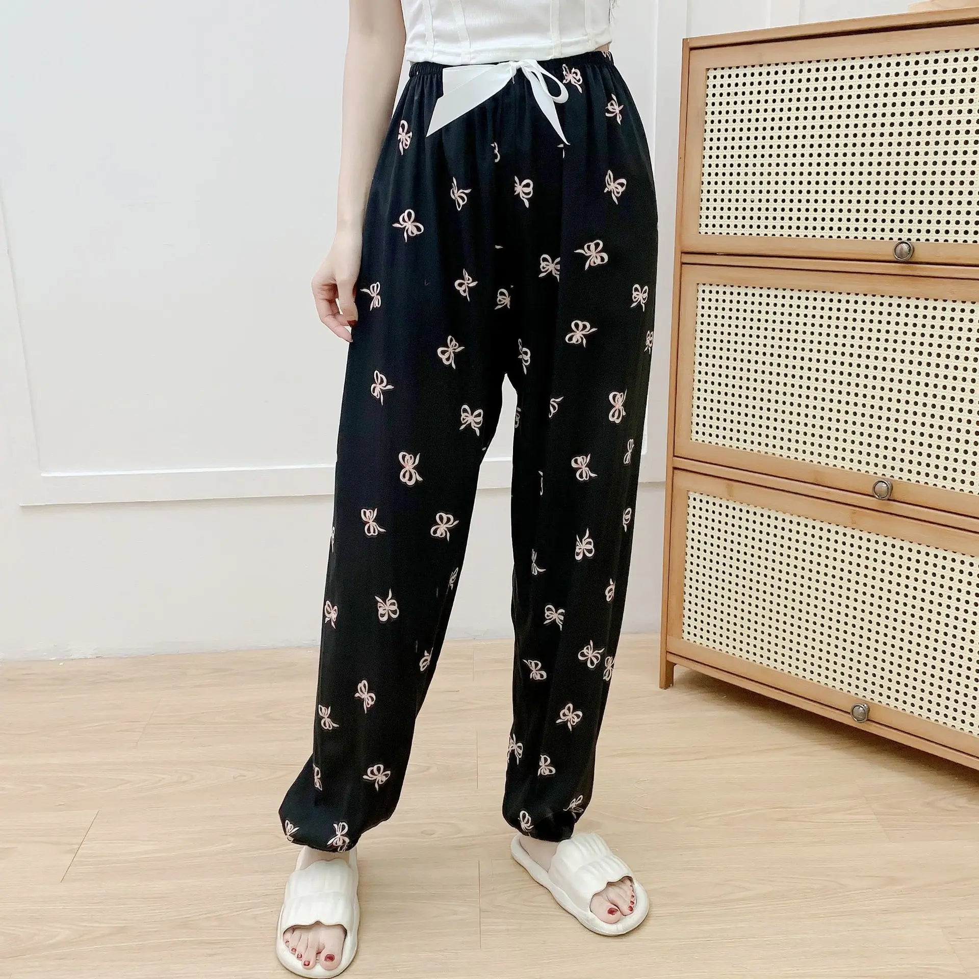 New Korean Style Pants Summer Cropped Trousers Women's Flower Home Clothes Loose Wide Leg Pants Casual Beach Outfits Sweatpants