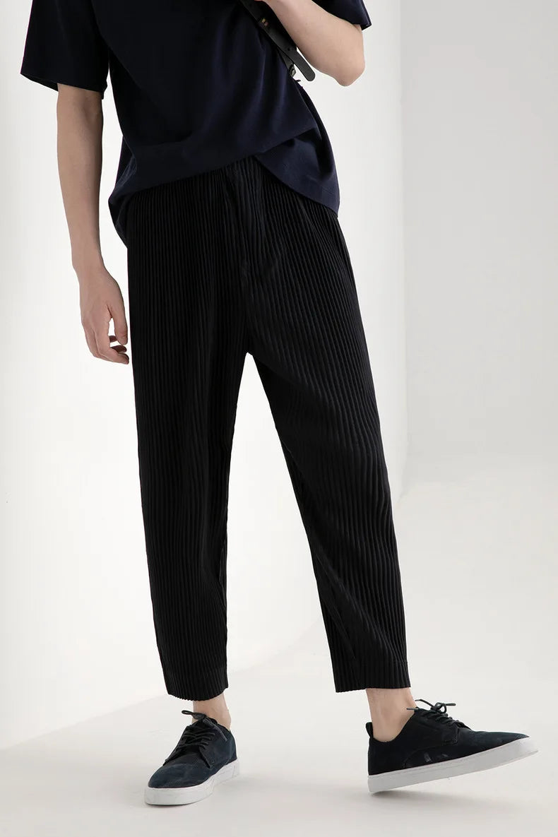 Pleats Pleated Commuter Pants Men's 2024 Autumn New Draped Elastic Trousers Casual Japanese Men Solid Color Nine Minute Pants