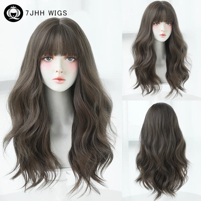 7JHH WIGS Loose Body Wavy Brown Hair Wigs with Neat Bangs High Density Synthetic Fashion Wave Wig for Women Natural Looking