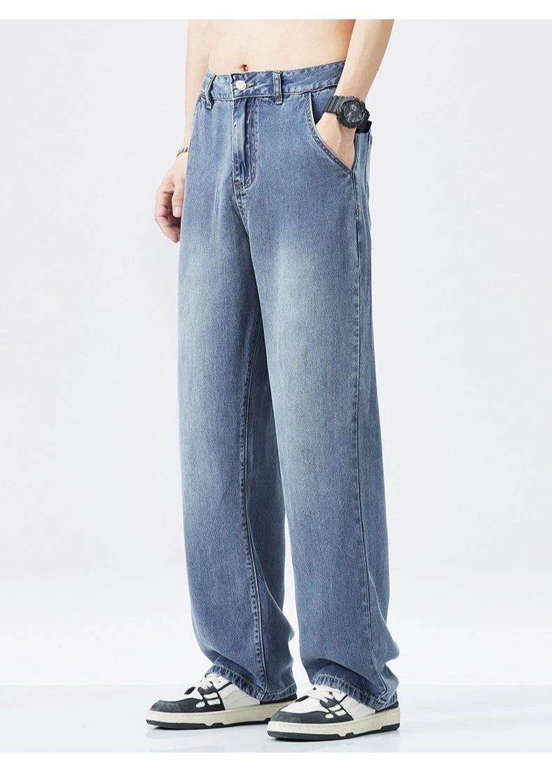 Lyocell Summer New Straight Jeans Men's Fashion Vintage Y2k Pants Streetwear Male Loose Casual Male Wide Denim Trousers baggy