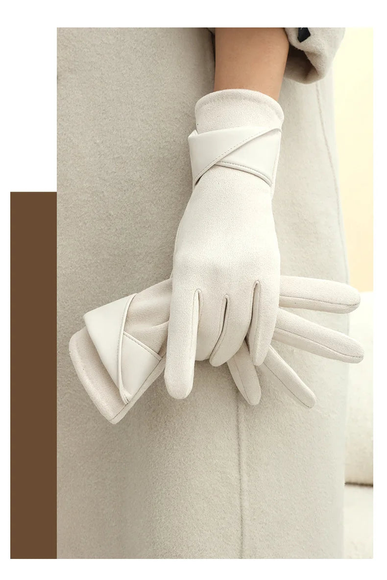 New Suede Gloves for Women Winter Plus Velvet Warm Commercial Style Temperament Bow Touch Screen Riding Driving