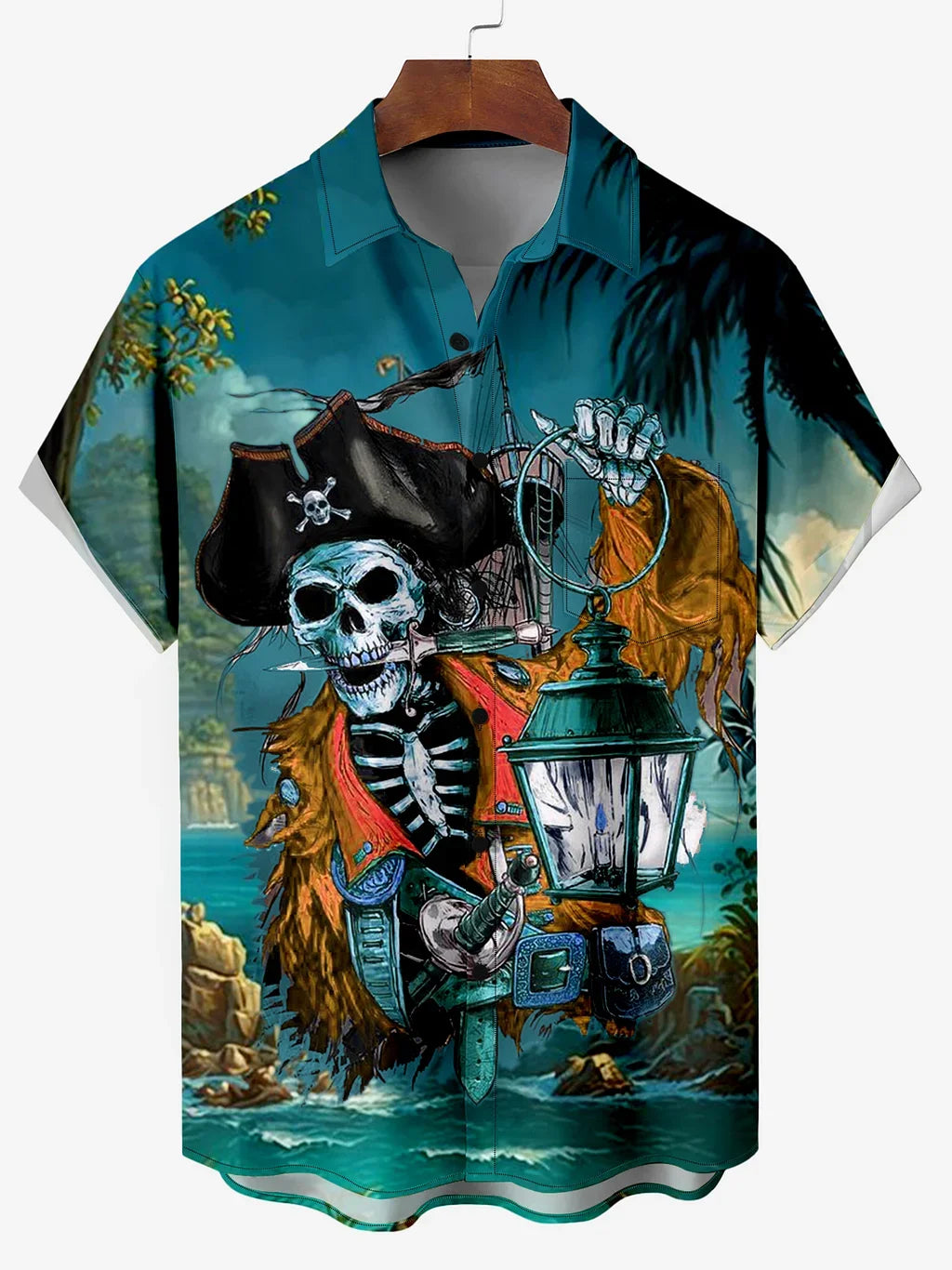 Men's Hawaiian Skeleton Pirate Captain Storm Sailing Cartoon Print Shirt Short Sleeve Shirt Summer Loose Beach Shirts For Boy