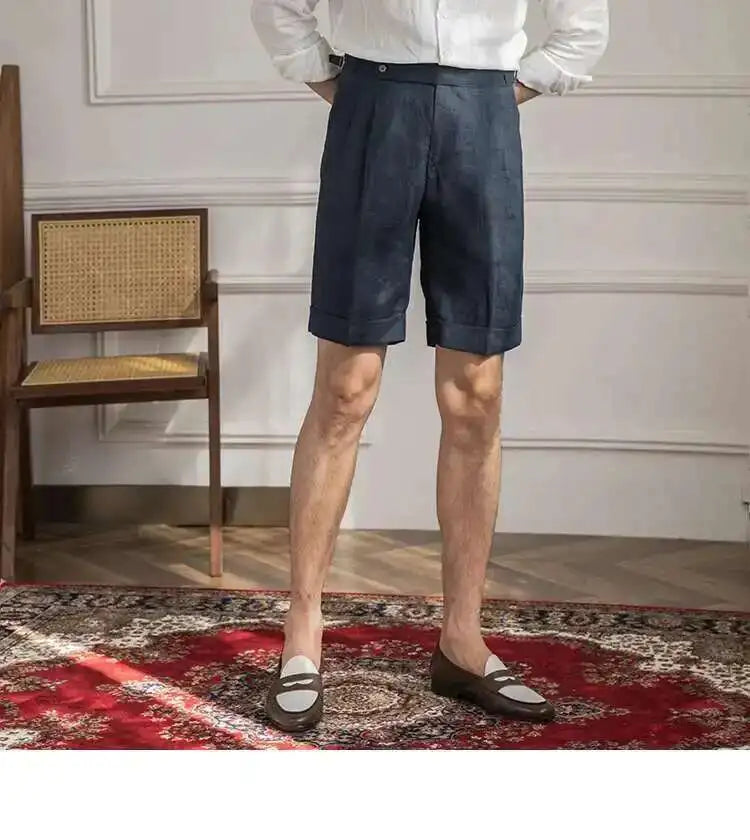 100% Linen Summer Straight Naples Shorts Men Solid Color Business Dress Pants Office Social Casual Slim Fit Shorts