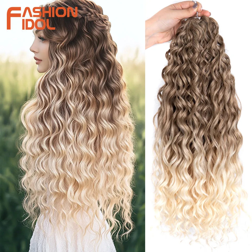 FASHION IDOL Curl Hair Deep Wave Twist Hair Extensions For Women 20 Inch Ombre Blonde Crochet Fake Hair Synthetic Crochet Braids