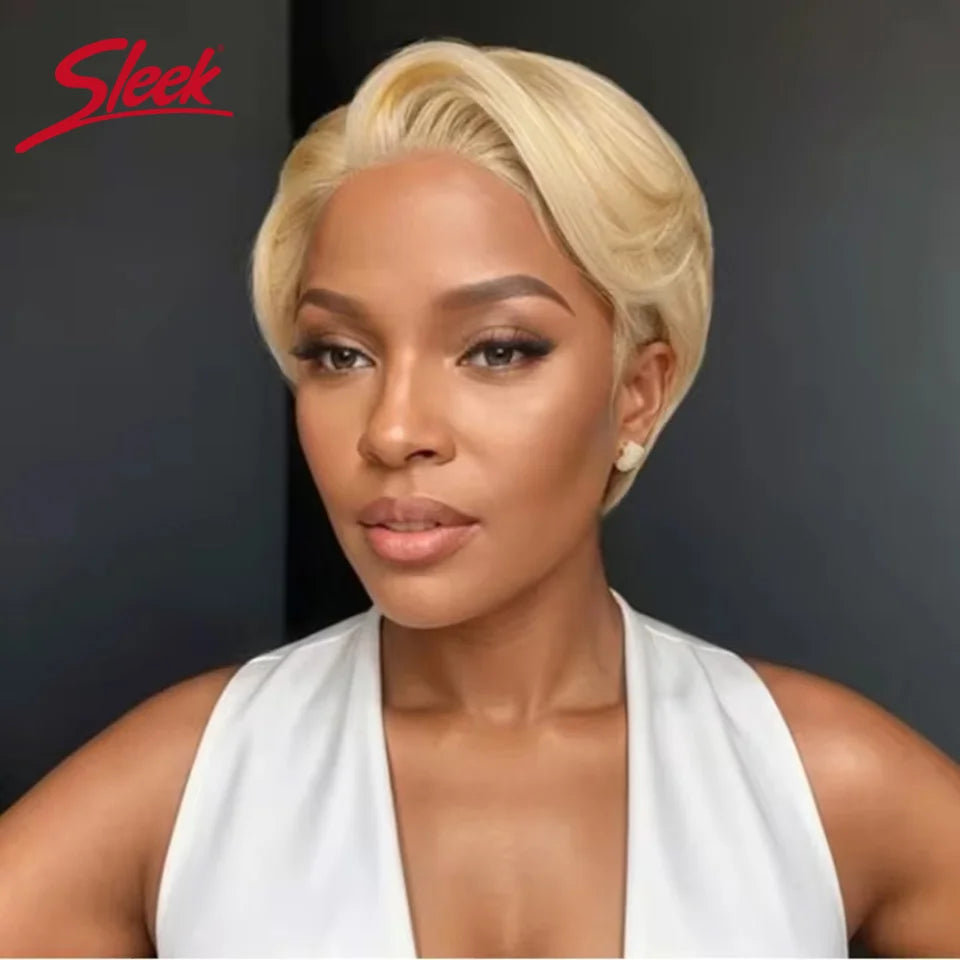 Sleek Blond 613 Short Pixie Cut Bob Wigs Lace Front T Part Human Hair Wigs Black Dark Wigs Brazilian Straight Grey Remy Hair Wig
