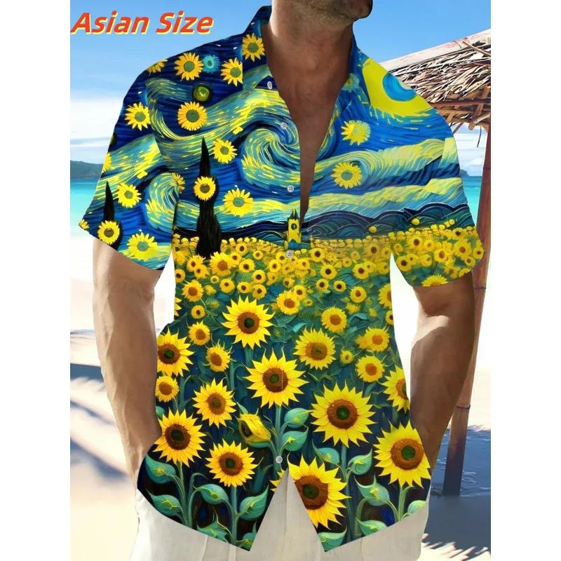 Dreamy Village Pattern Lapel Shirt For Men Flower Bird Boat 3D Printed Hawaiian Shirts Fashion Short Sleeve Tops Button Blouse
