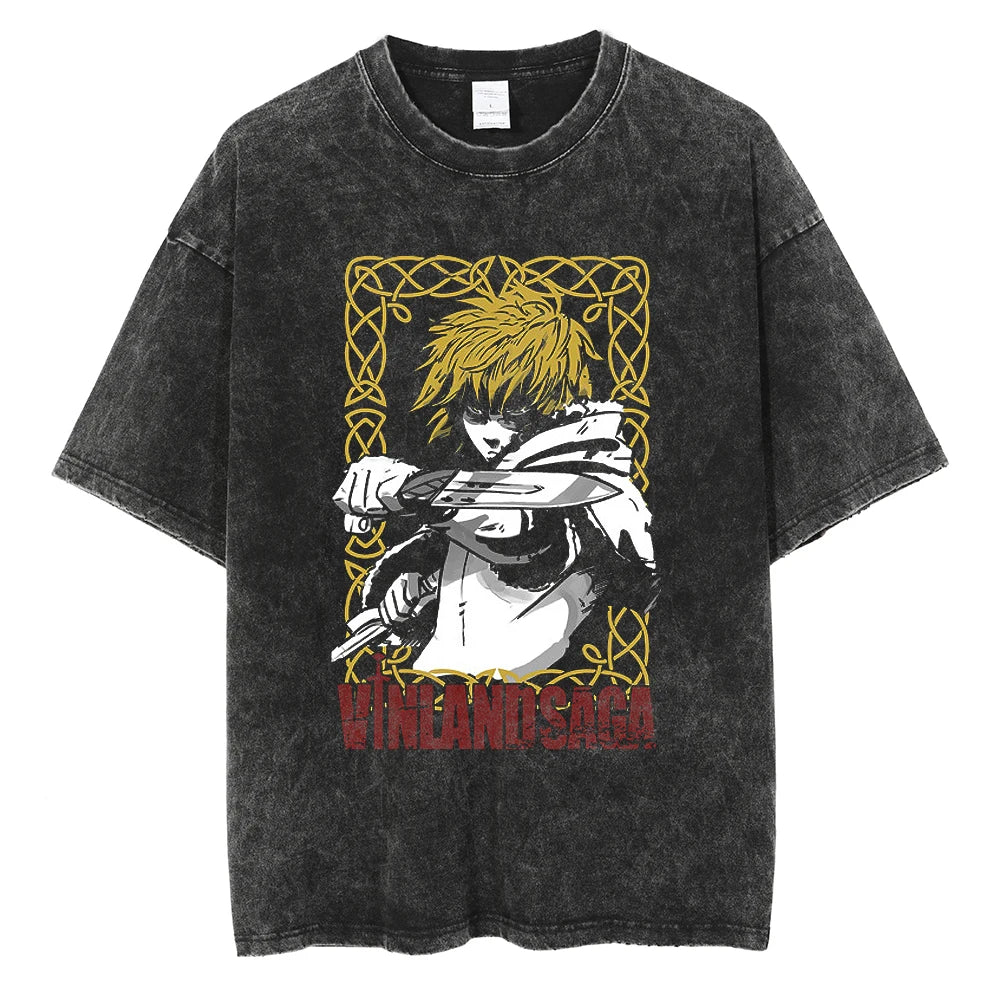 Anime Vinland Saga Thorfinn Karlsefni Askeladd Print Tshirt Men Manga Vintage T-shirts Washed Cotton Tee Harajuku Male T Shirt