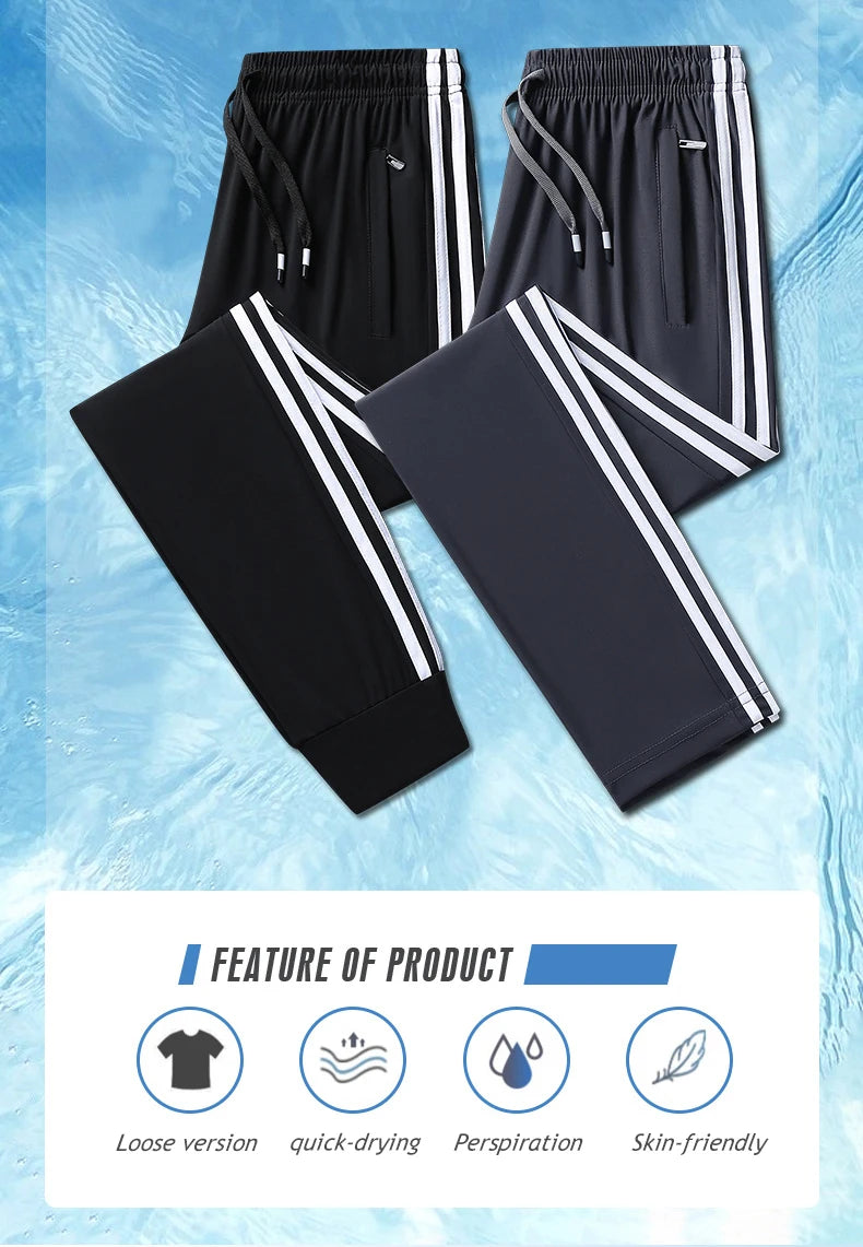Summer Plus Size Trousers M-8XL Ice Silk Three-bar Casual Pants Men's Loose Casual Ultra-thin Sports Fitness Jogger Trousers Men