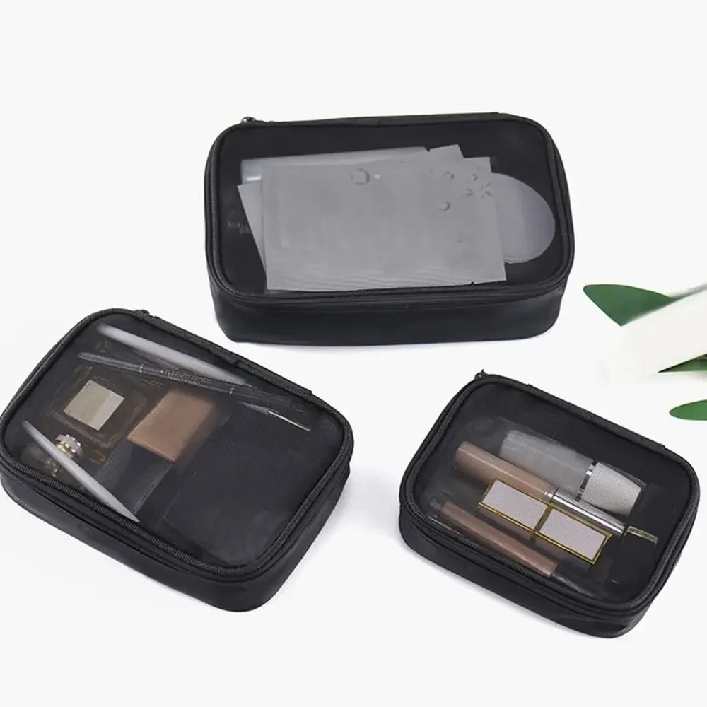 Women Makeup Bag Women Solid Color Zipper Cosmetic Bag Mesh Transparent Casual Travel Portable Mini Wash Storage Bags