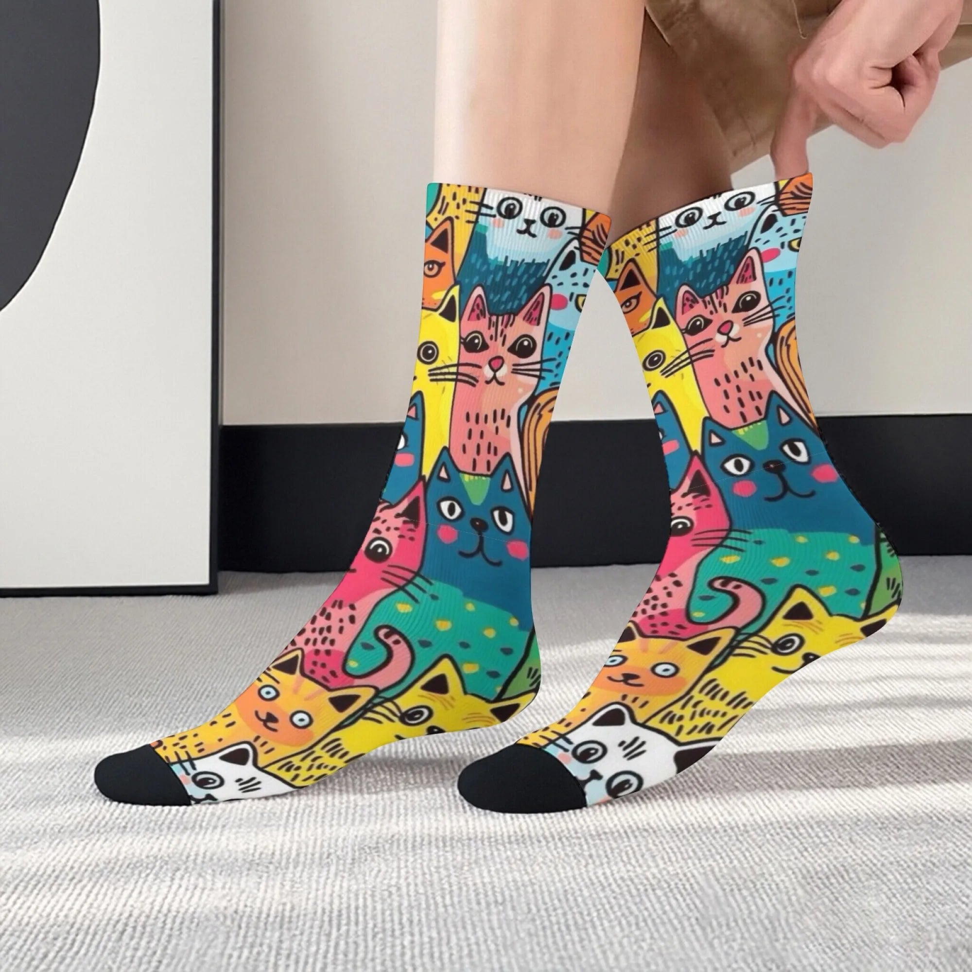 Cute Cartoon Cat Happy Men's Socks Harajuku Style Novelty Funny Hip-Hop Socks Comfortable Breathable Casual Sports Fashion Socks