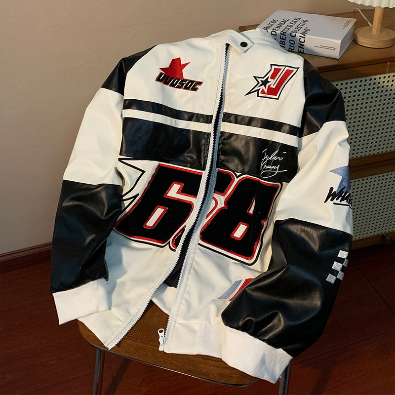 Gmiixder American Hip-hop Racing Coat Motorcycle Leather Jacket Men's Flocked Embroidery Loose Casual Windproof Punk Vibe Jacket