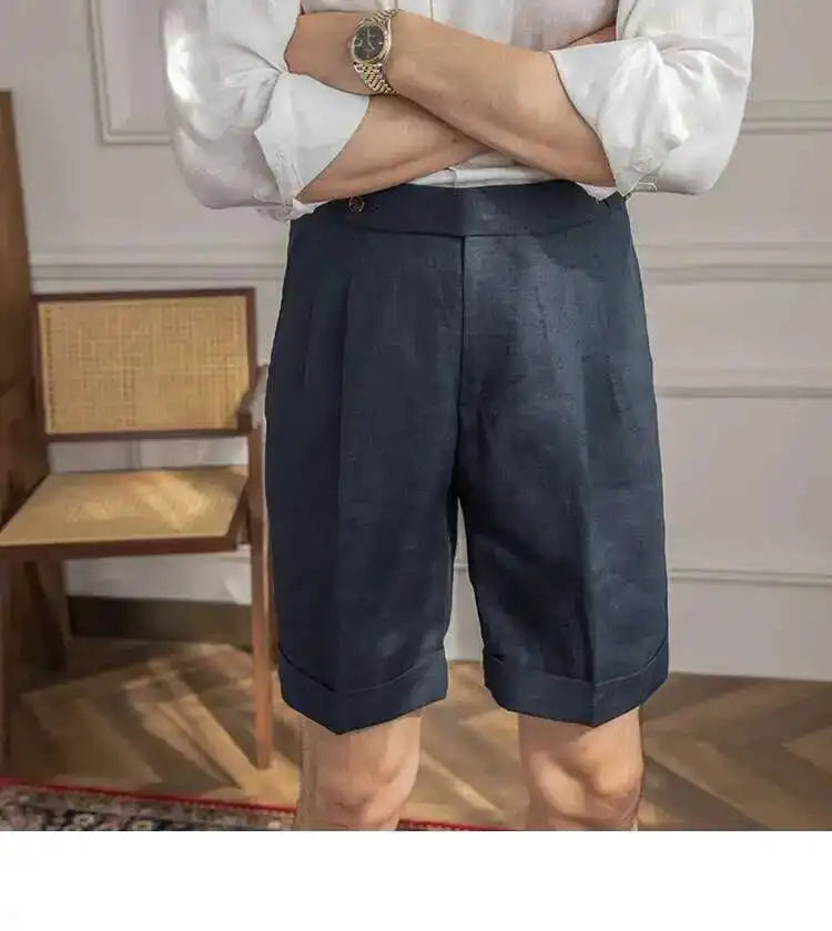 100% Linen Summer Straight Naples Shorts Men Solid Color Business Dress Pants Office Social Casual Slim Fit Shorts