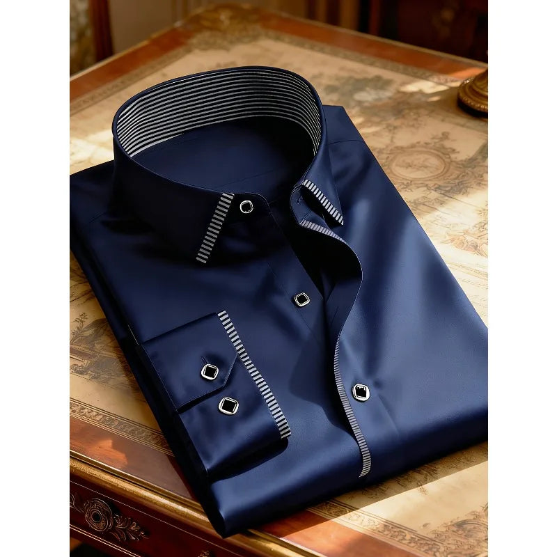 2025 New Men Patchwork Shirt Fashion Dress Tuxedo Long Sleeve Smart Casual Four Season Man Micro Elastic Shirts