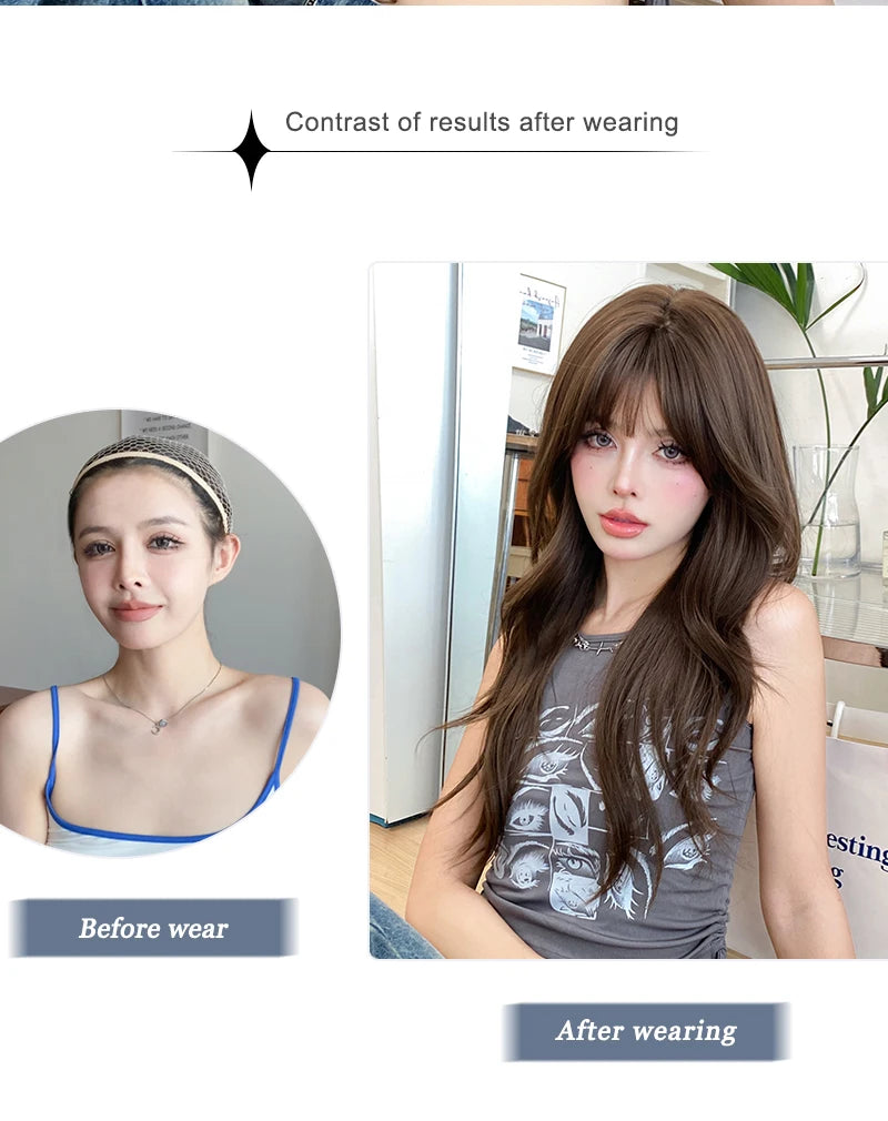 7JHH WIGS Loose Body Wavy Brown Hair Wigs with Neat Bangs High Density Synthetic Fashion Wave Wig for Women Natural Looking