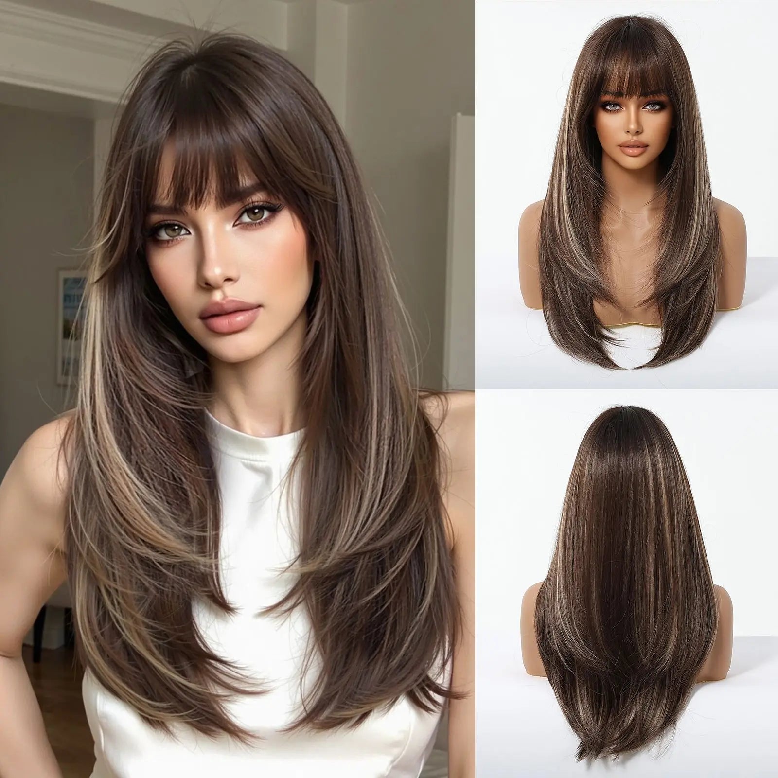 EASIHAIR Purple Synthetic Wigs for Women Long Straight Layered Hair Wigs With Side Bangs Ombre Purple Black Wigs Heat Resistant