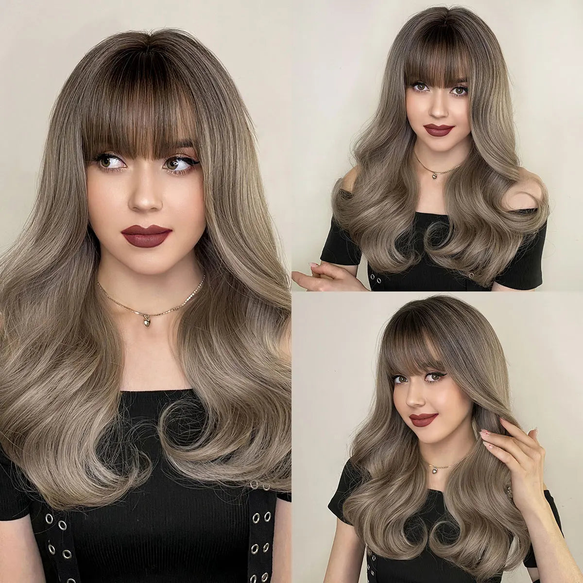 NAMM Long Wavy Ombre Black To Red Wig for Women Daily Cosplay Party Synthetic Lavender Hair Wig with Fluffy Bangs Heat Resistant