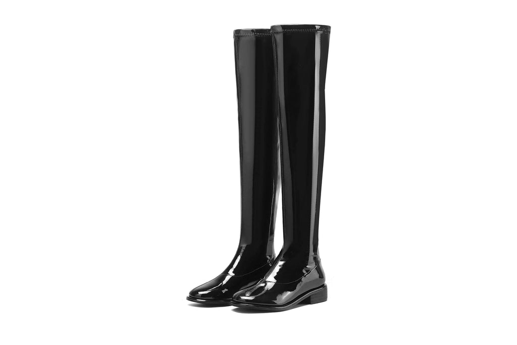 Krazing Pot Large Size 43 44 45 Microfiber Round Toe Chunky Med Heel Stretch Boots Winter Shoe Brand Fashion Over-the-knee Boots