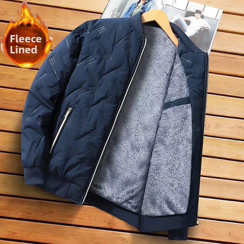 Men's Winter Jacket Stand Collar Fleece Lined Cotton Casual Fashion Warm Loose Short Style Youth Popular Polyester Fabric