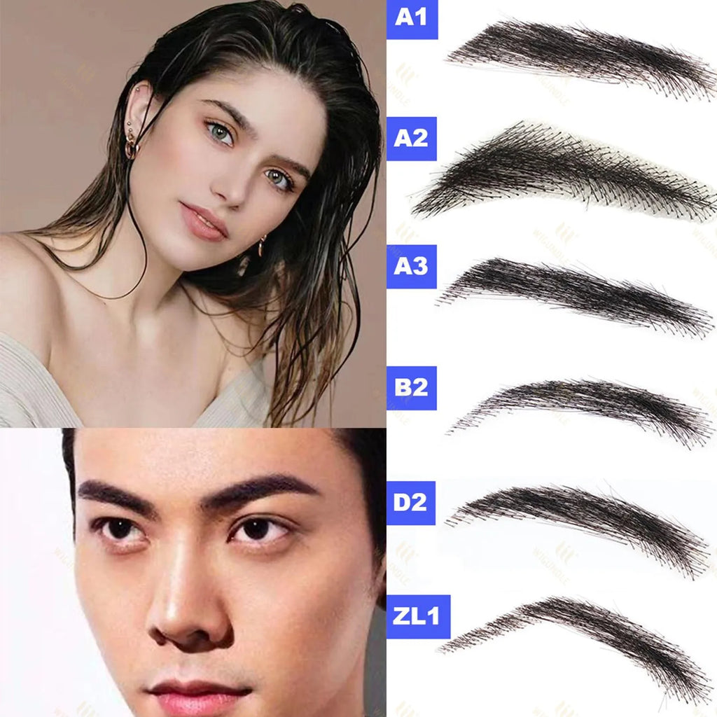 6 New Styles Invisible Natural Black Fake Eyebrows For Adult Males and Females 100% Human Hair Handtied Lace Base Natural Growth