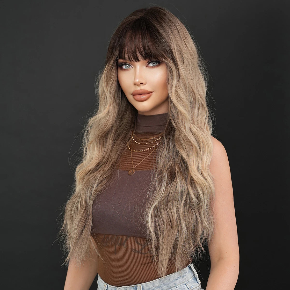 7JHH WIGS Synthetic Loose Wave Brown Wig with Dark Roots High Density Body Wavy Hair Wigs for Women Party Halloween Costume Wigs