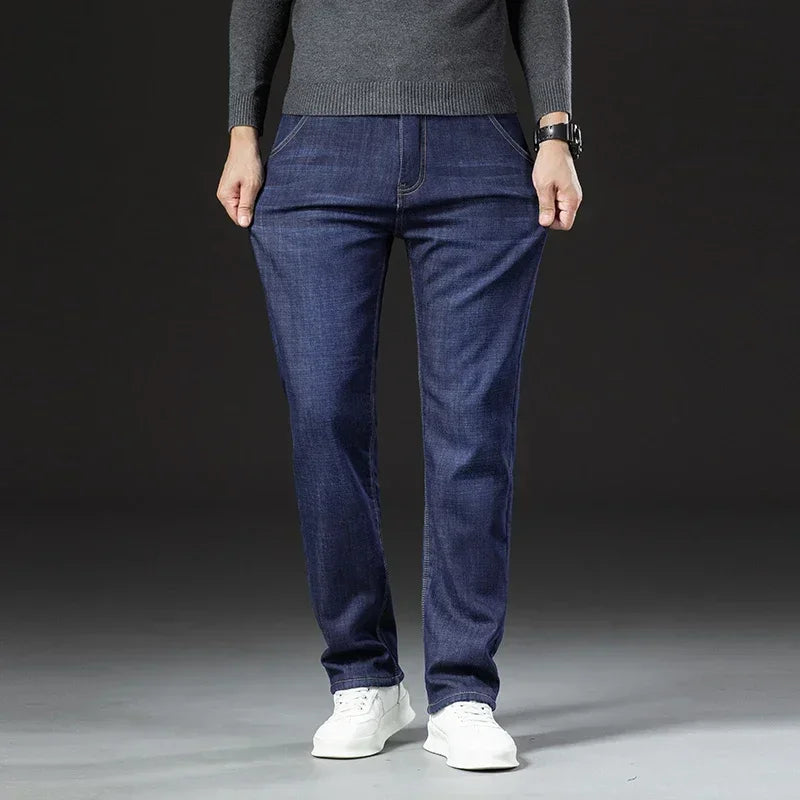 Winter Lamb Fluff Denim Straight Pants Men Thicken Big Size 40 Jeans High Waist Stretch Jeansy Fleece Lined Warm Slim