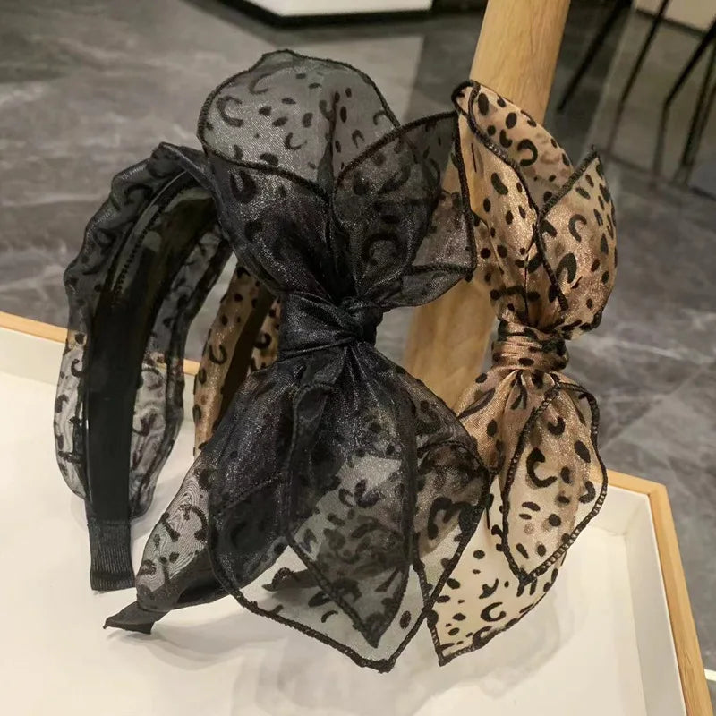 Vintage Leopard Print Hairband for Women Handmade Bow Hair Hoop Mesh Hair Bow Headbands Female Hair Accessories