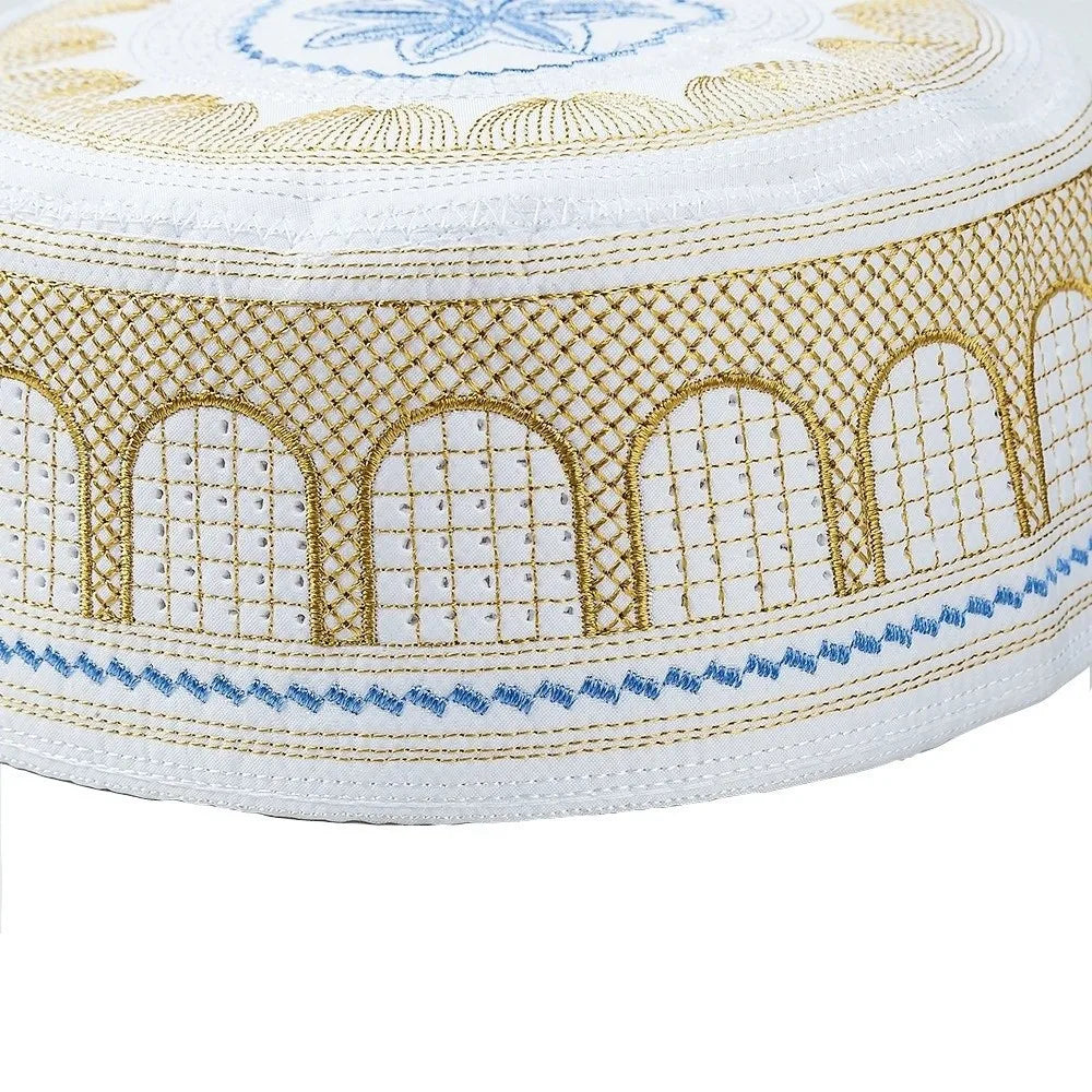 New Traditional Muslim Hat Embroidery Design Round Shape Prayer Hat Saudi Arabian Style Cotton Islamic Cap Prayer Use