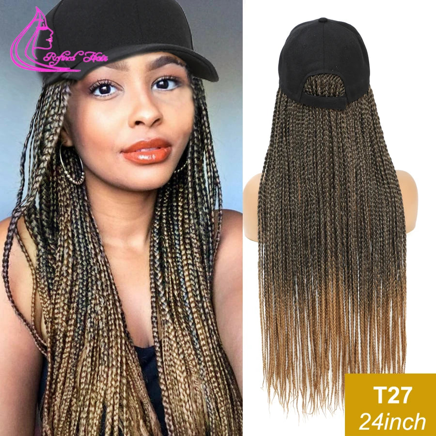 Synthetic Hat Wig Baseball Cap with Braiding Hair 24inch Long Braids Wigs Women Girls Daily Wear Ombre Blue Grey Brown Blonde
