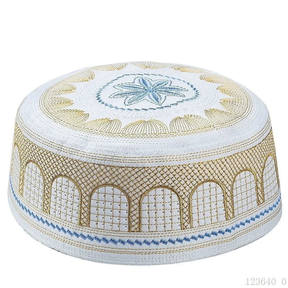 New Traditional Muslim Hat Embroidery Design Round Shape Prayer Hat Saudi Arabian Style Cotton Islamic Cap Prayer Use