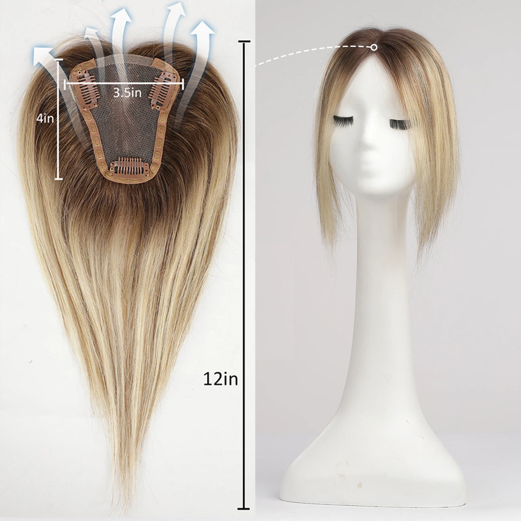 100% Remy Human Hair Toppers Ombre Light Brown Blonde Middle Part Human Hair Pieces for Women with Thinning Hair Clip in Toppers