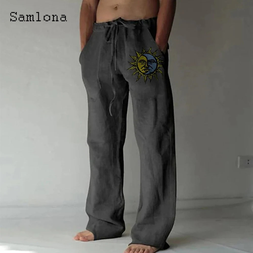 Samlona 2025 Men's Pocket Design Linen Pants Drawstring Loose Trouser Plus Size 3xl Mens Fashion Birds Feather Print Sweatpants