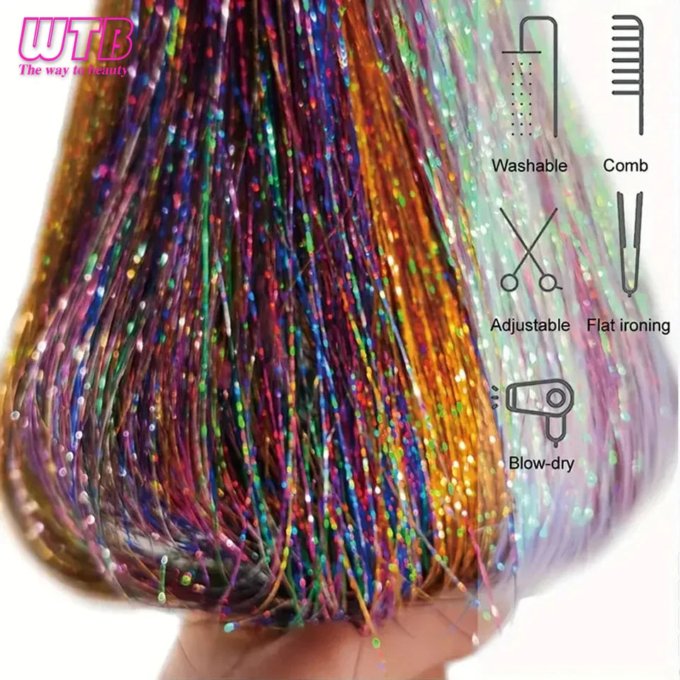 12Pcs Clip in Hair 20 Inch Synthetic Colorful Glitter Tinsel Hair Extension Fashion Party Christmas New Year Gift for Women Hair