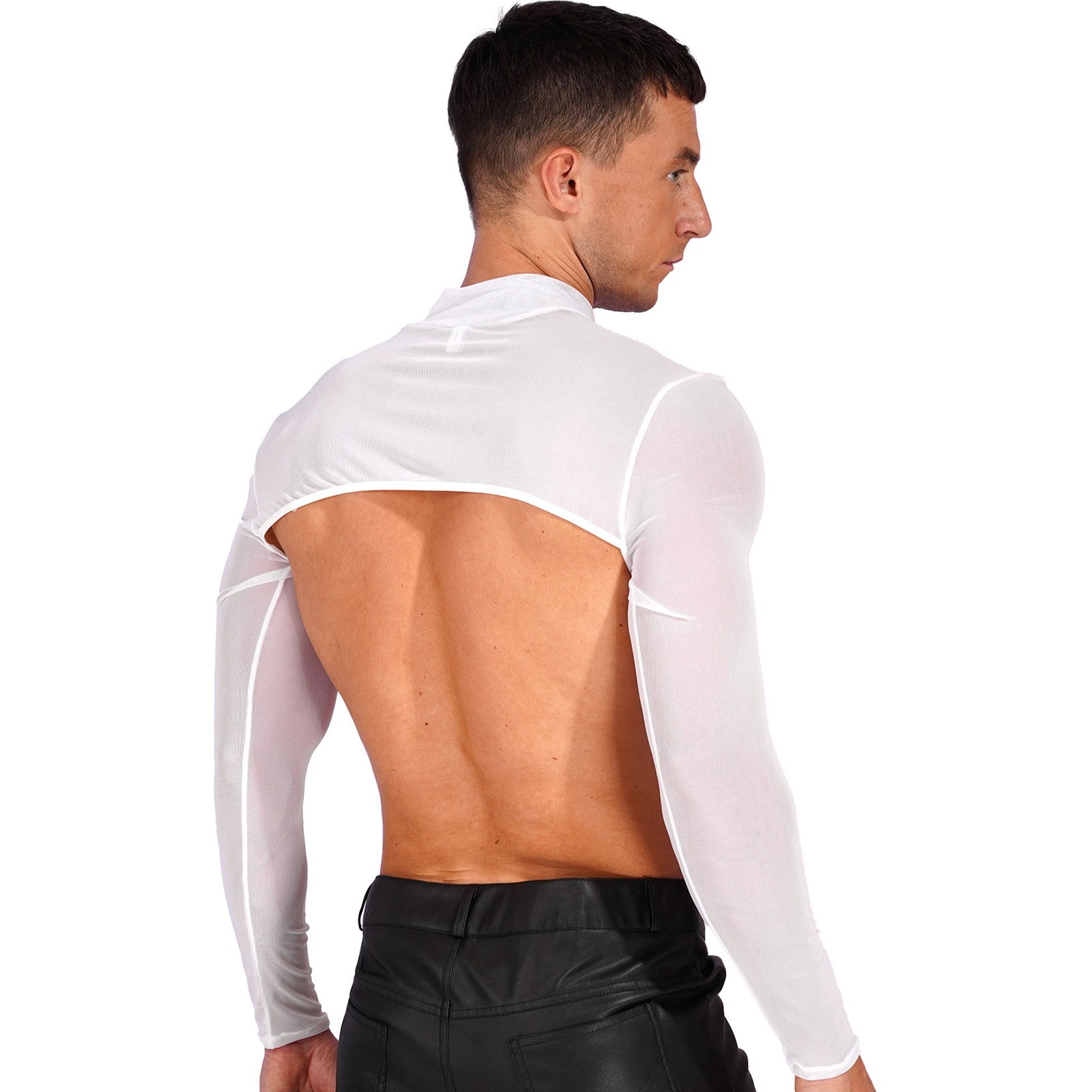 MSemis Male Mens Transparent Moto Sexy Tops Long Sleeve O-Ring Decor T-Shirt See-Through Mesh Half Crop Top Party Clubwear