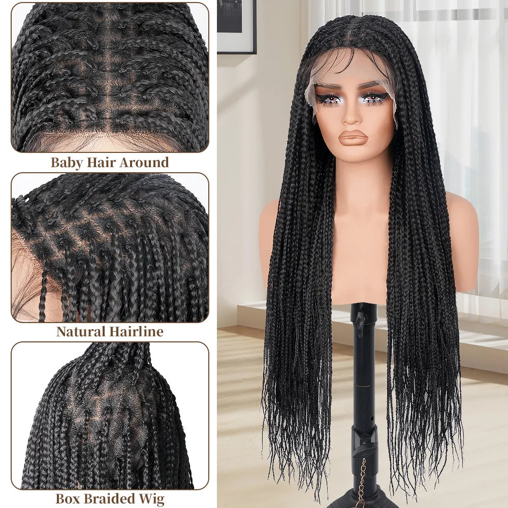 34Inch Knotless Box Braided Wigs for Black Women Synthetic Full Double Lace Front Braided Wig with Baby Hair Synthetic Braid Wig