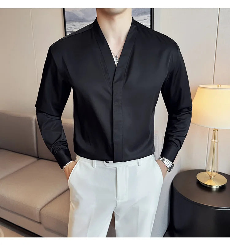 High Quality Collarless Shirts Men Fashion Slim Fit Long Sleeve Casual Shirts Business Office Social Formal Shirt Men Clothig