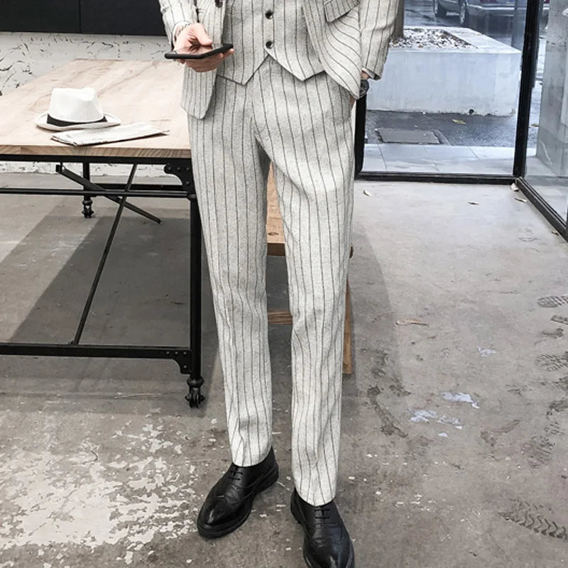 2025 New Burgundy Navy Plaid Casual Suit Pants for Men, Beige/Blue Vertical Stripe Non-Iron Slim Small Leg Work Trousers Men