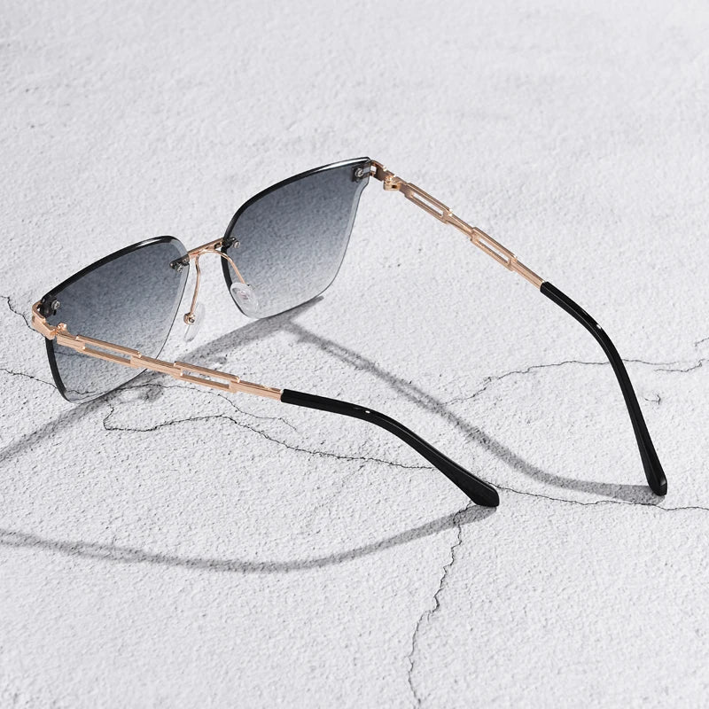 New Sunglasses Women Rimless Cat Eye Eyewear Gradient Brown Cutting Lens Sun Glasses For Female Alloy Eyeglasses Brand Designer