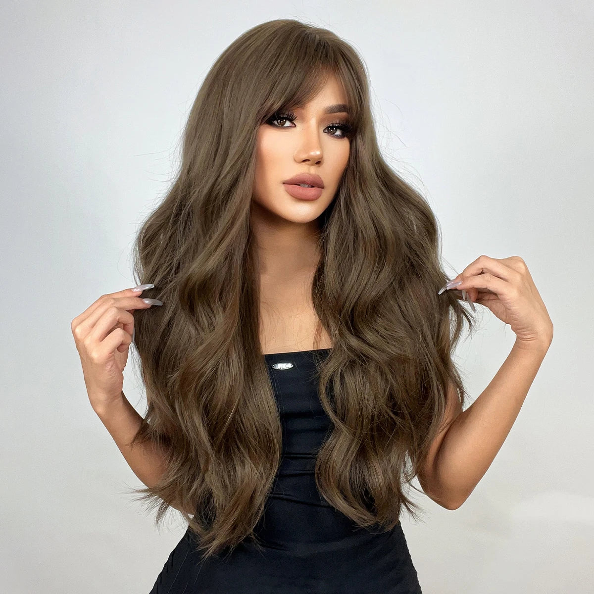 Brown Long Wavy Wig with Bangs Synthetic Natural Wave Hair Wigs for Black Women Afro Cosplay Party Daily Heat Resistant Fibre