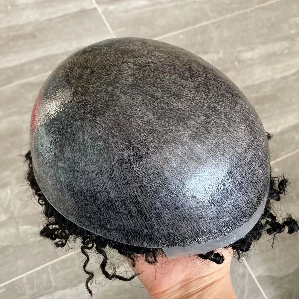 Durable Natural Hairline Human Hair Men's Toupee 26mm Curly Managable Skin Base #1 Jet Black Brown Hair Capillary Prosthesis