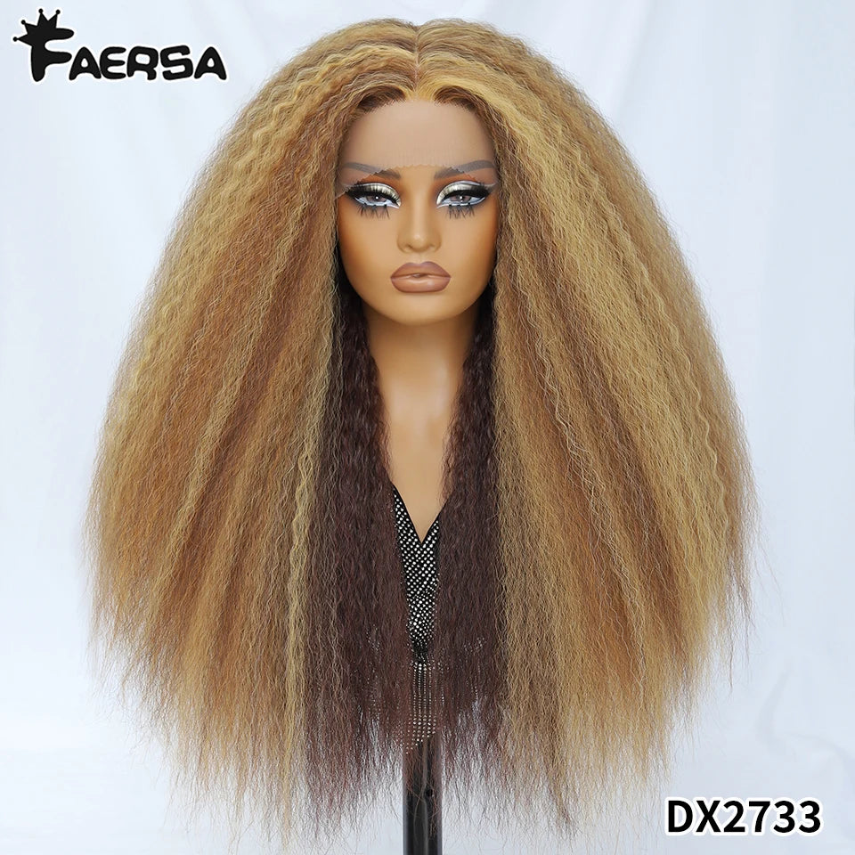 Kinky Straight Lace Front Wig T-Part 28Inch Synthetic 13x5x1 Long Lace Wigs Afro Yaki Straight Wigs Ombre Brown For Black Women