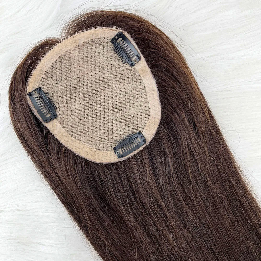 11x13cm Dark Brown Human Hair Topper Silk Base Hand Tied Silk Top Toupee Breathable Remy Hair Piece with Clips in for Women
