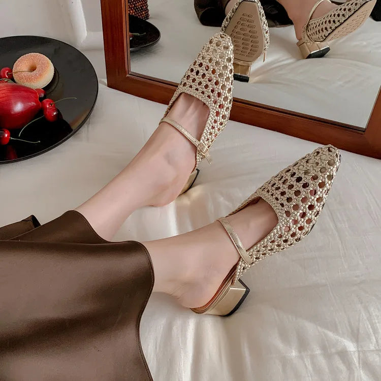 NEW Summer Women Mules Fabric Shoes for Women Pointed Toe Chunky Heel Shoes Cover Toe Slingback Shoes Soft Hollow Modern Sandals
