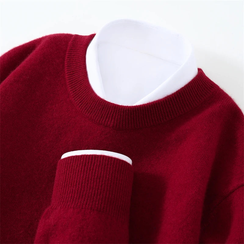 Autumn/Winter Men's 100% Pure Cashmere Pullover Business Casual Solid Knitted Sweater Loose Round Neck Tops Thick Warm Jumper