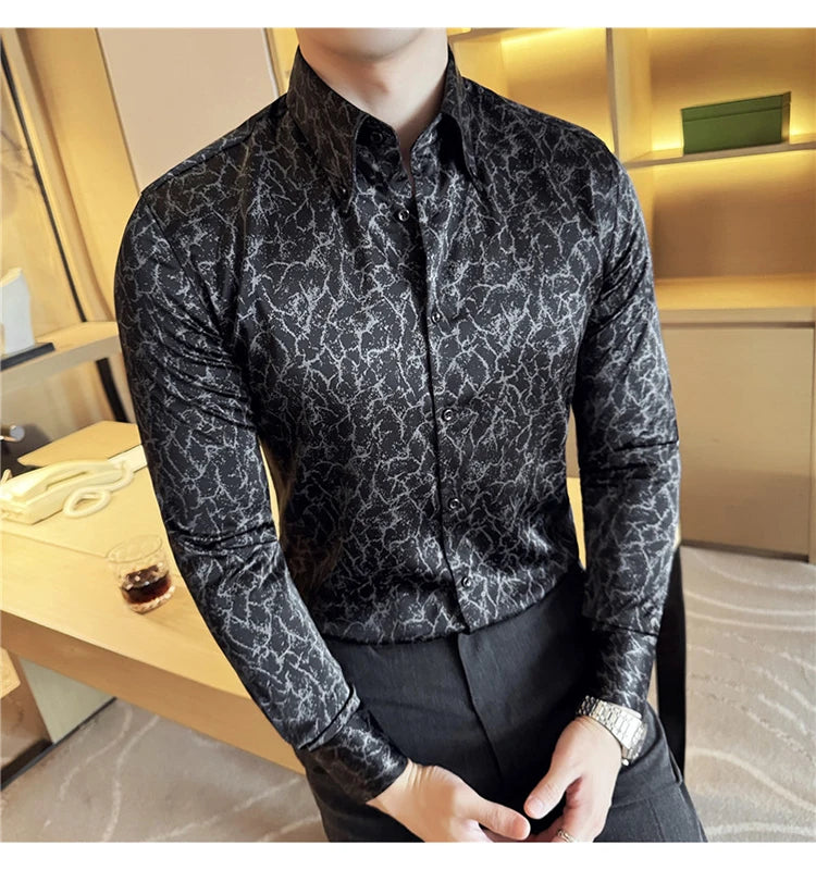 Men Dress Shirt 2024 Solid Casual Long Sleeve Slim Fit Print Shirt Fashion Formal Social Banquet Tuxedo Wedding Men Clothing