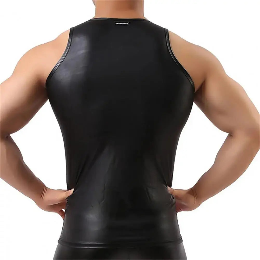 Men Club Vest Solid Color Smooth Surface Slim Fit Sleeveless Round Neck Faux Leather PClub Tank Top Men Clothes t shirt man