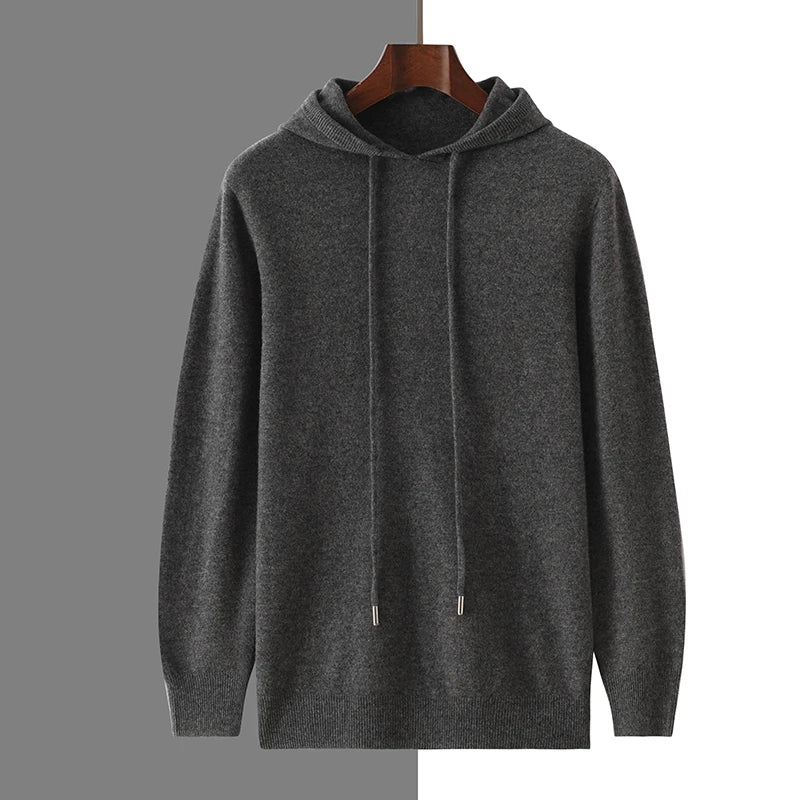 Men's Autumn Winter 100% Merino Wool Sweater Hooded Collar Knitted Pullover Cashmere Sweatshirt Casual Large Tops Long Sleeved