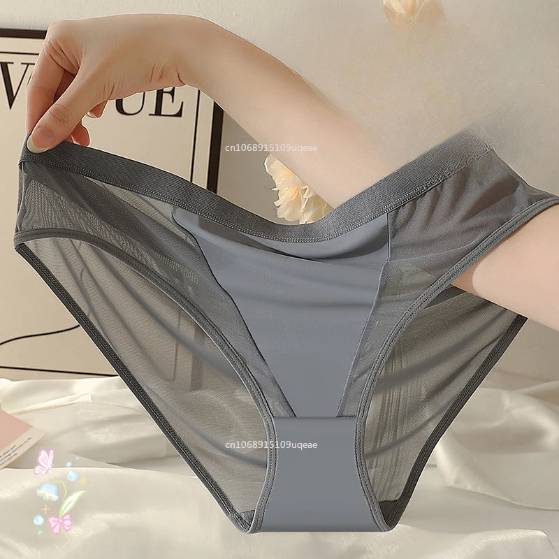 Women Sexy Mesh Ice Silk Solid Thin Breathable Underwear Middle Waist Elasticity Plus Big Panties Elasticity Plus Big Panties