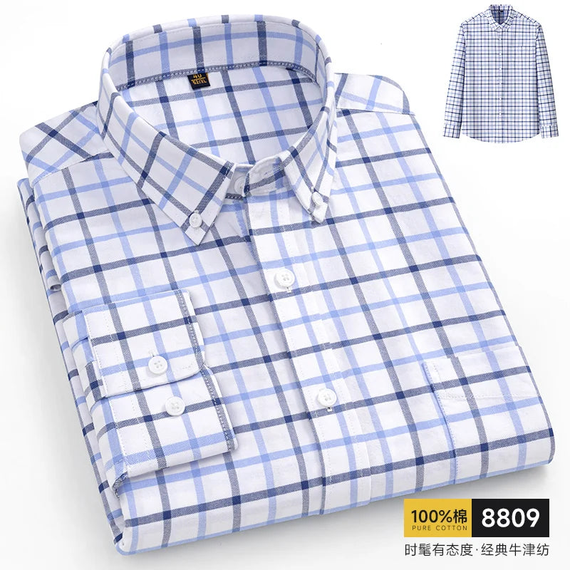 100% Pure Cotton Men Shirts Long Sleeve Dress Shirts Male Slim Social Business Blouse Solid Color Oxford Shirt 8XL 10XL 11XL