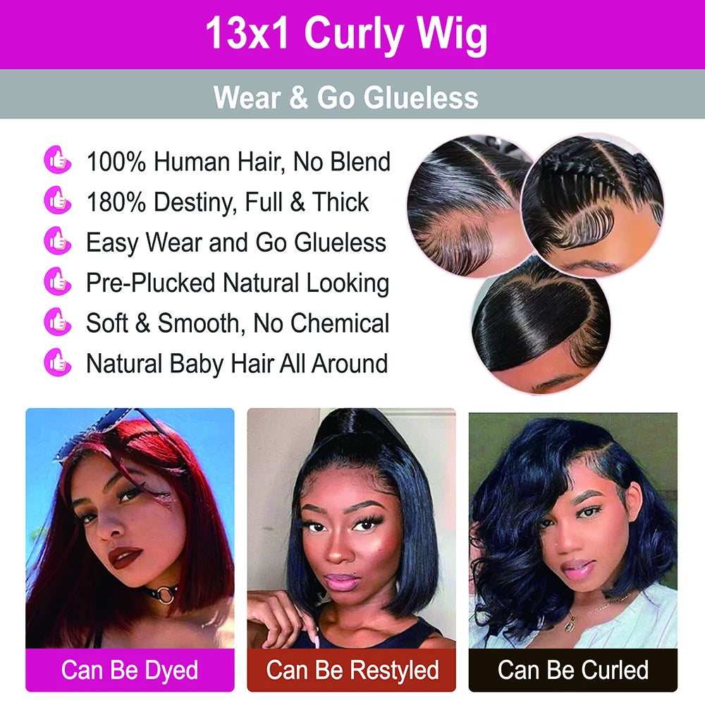 Curly Human Hair Wig Short Bob Pixie Cut Wig Human Hair For Women Brazilian Water Wave 13x1 Transparent Lace Wig