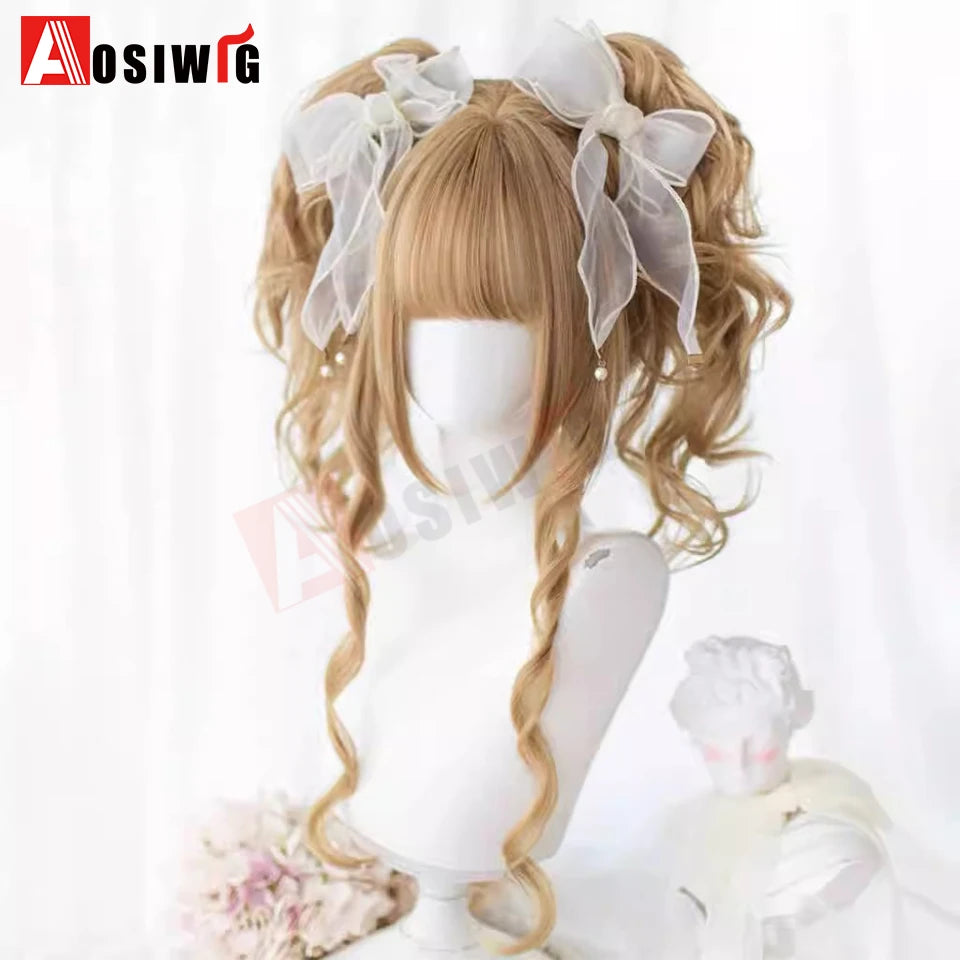 AOSI Synthetic Long Curly Wig Double Ponytail Cute Lolita Women Wigs Halloween Cosplay Style Blonde Brown Party Wig